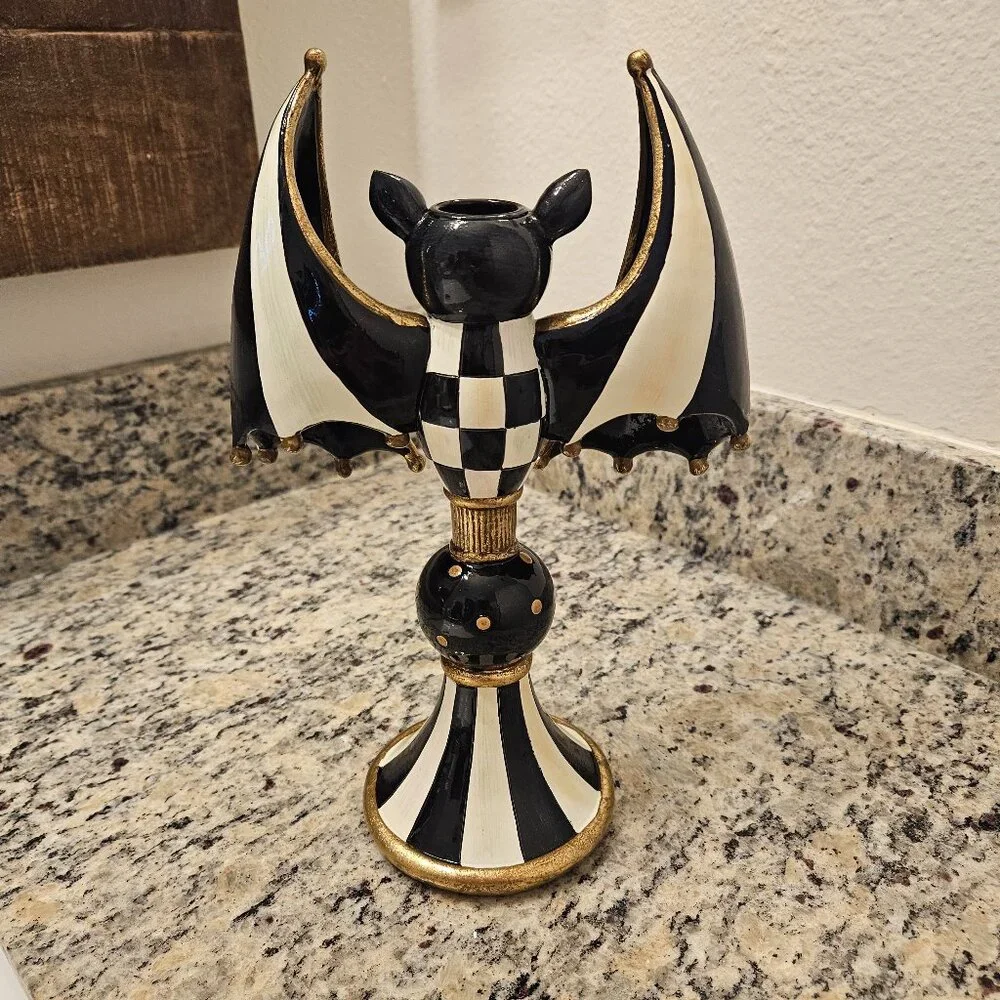 RARE MACKENZIE CHILDS HALLOWEEN BAT COURTLY CHECK FALL TAPER CANDLE HOLDER